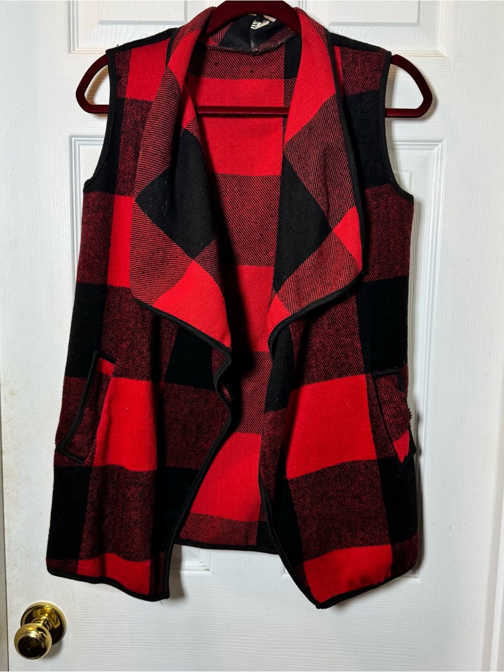 Women’s Red & Black Buffalo Plaid Open-Front Vest